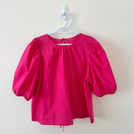 Pink Puff-Sleeve Tie-Back Blouse (M-XL)