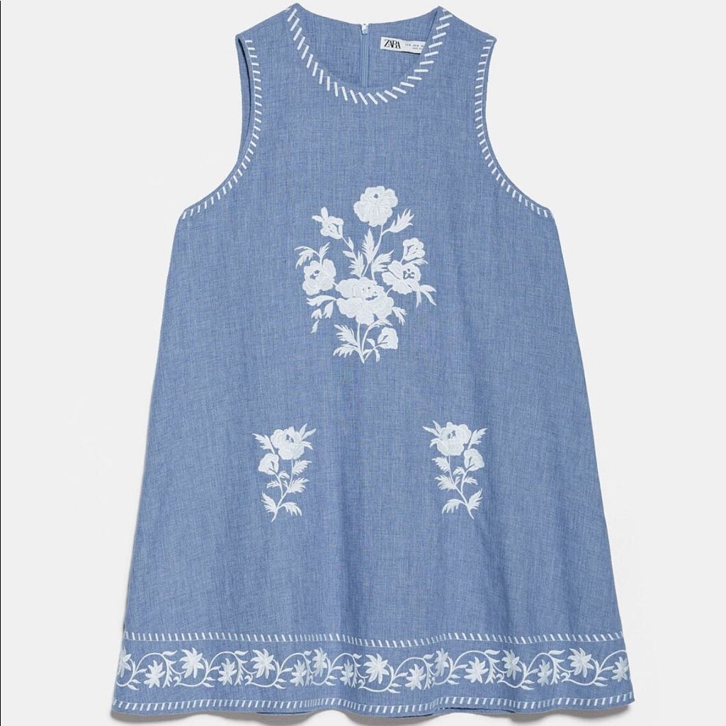 Zara Chambray Embroidered A-Line Swing Dress (S)