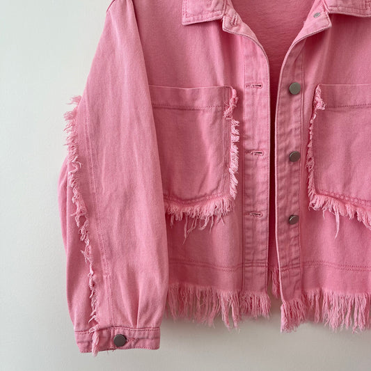 Frayed Pink Crop Denim Jacket (M)
