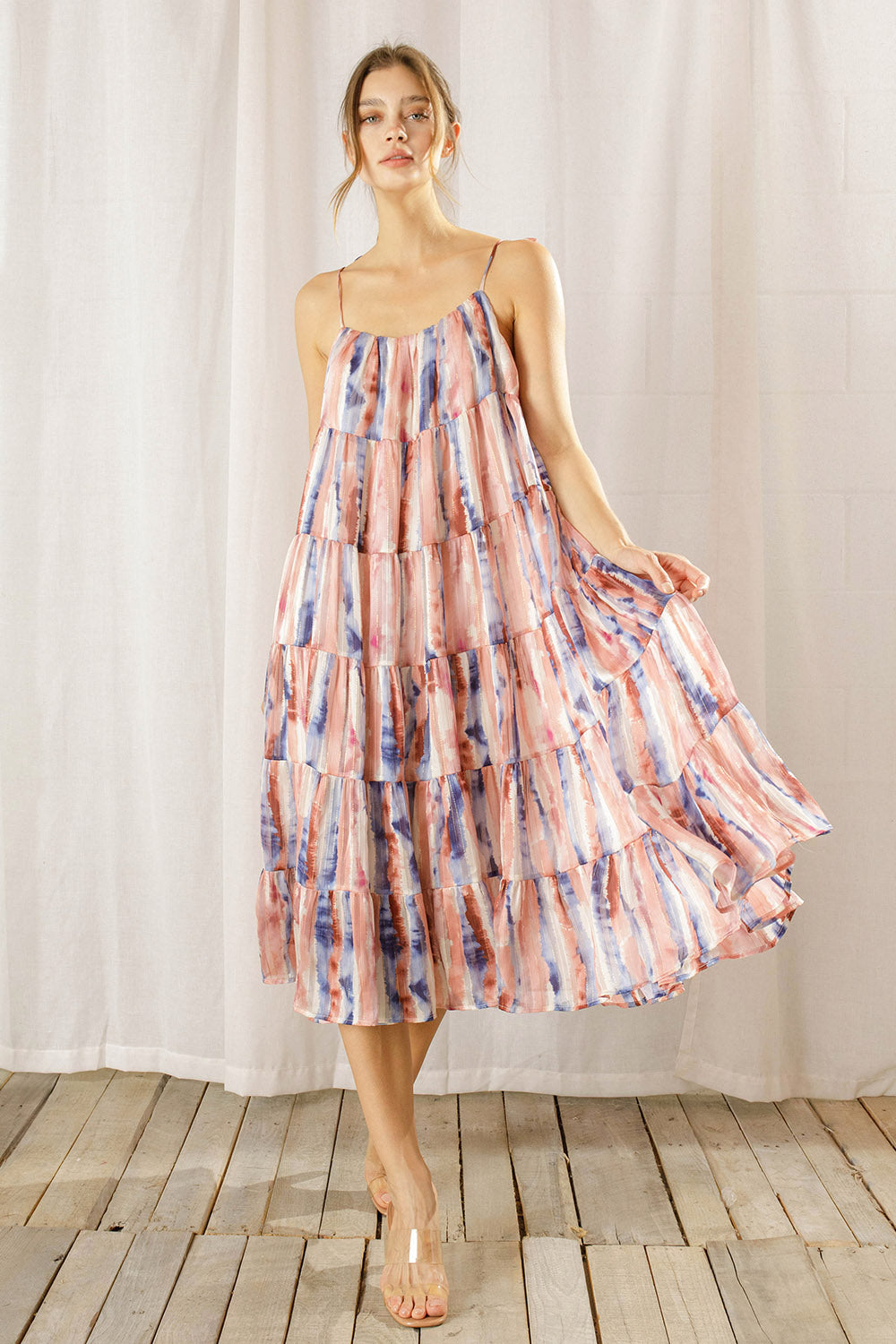 Storia Tiered Watercolor Midi Swing Dress (S-L)