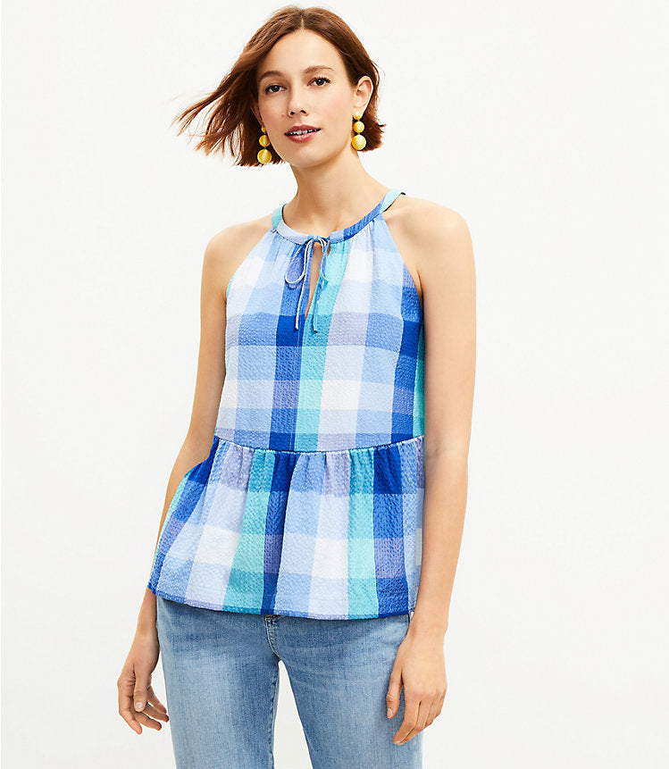 Loft Seaglass Plaid Keyhole Peplum Halter Tank Top (L)