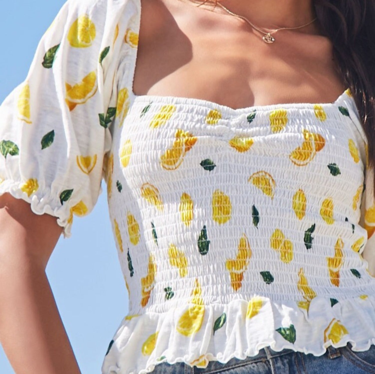 Lemon-Print Puff Sleeve Ruched Peplum Top (M)