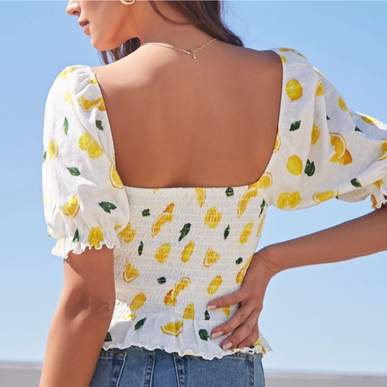 Lemon-Print Puff Sleeve Ruched Peplum Top (M)