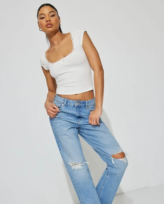 Garage Distressed Vintage Straight Ankle Jeans with Raw Hem (7/28)