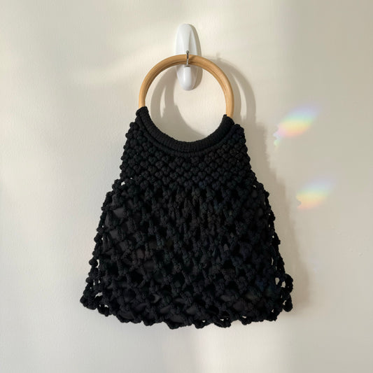 Black Macrame Woven Handbag with Bamboo Handles