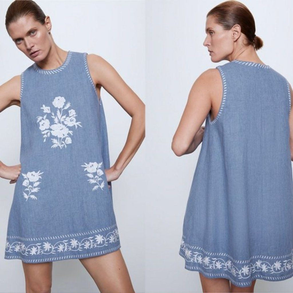 Zara Chambray Embroidered A-Line Swing Dress (S)