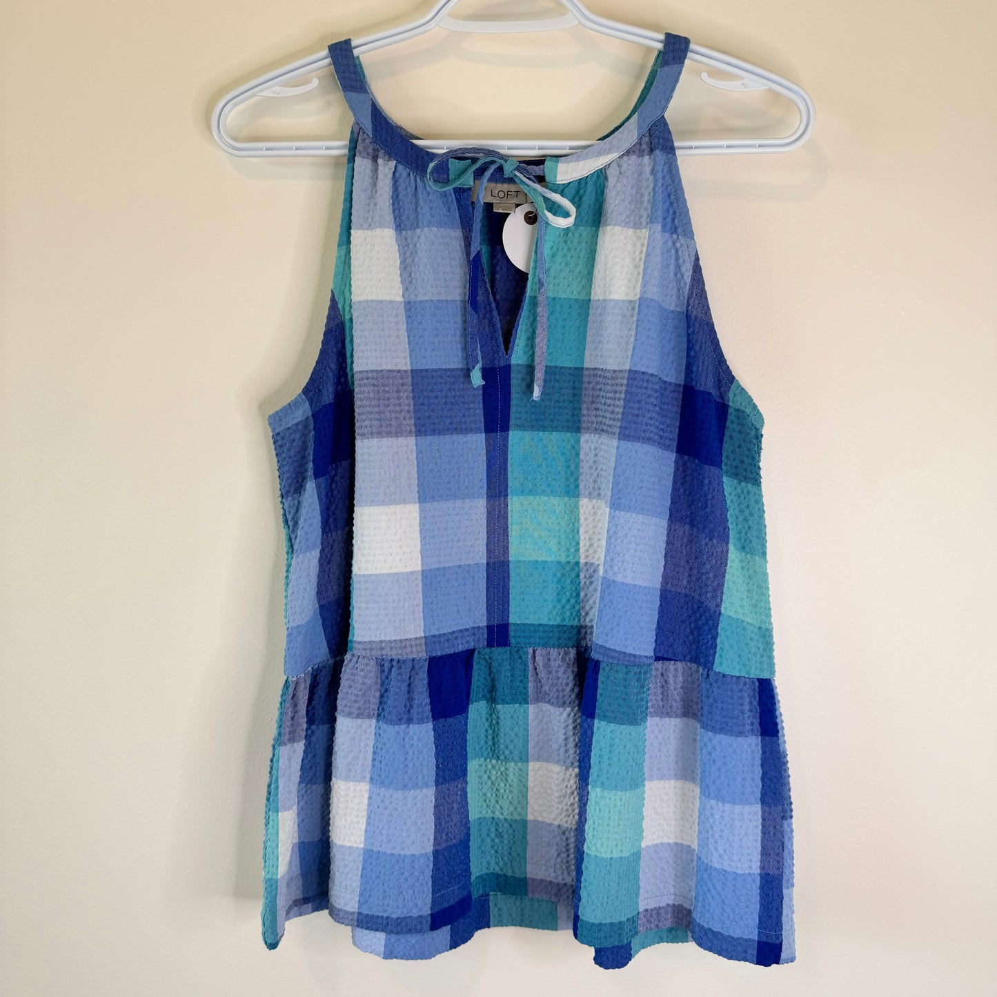 Loft Seaglass Plaid Keyhole Peplum Halter Tank Top (L)