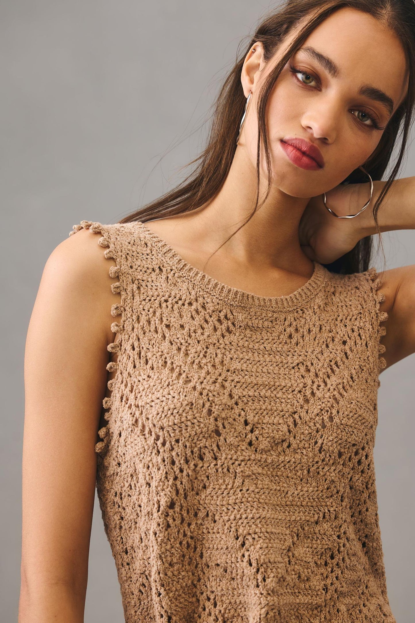 Anthropologie Taupe Crochet Sweater Tie-Back Tank (L)