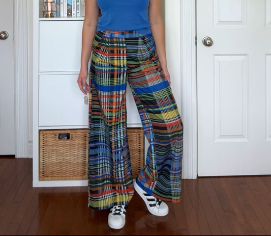 Multicolor Plaid Wide-Leg Trouser Pants (M)