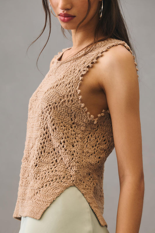 Anthropologie Taupe Crochet Sweater Tie-Back Tank (L)