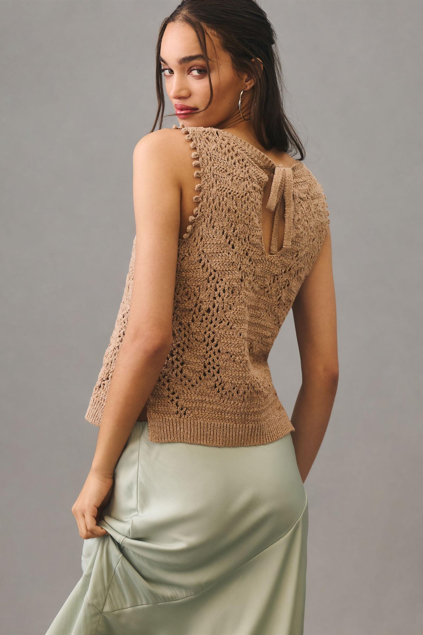 Anthropologie Taupe Crochet Sweater Tie-Back Tank (L)