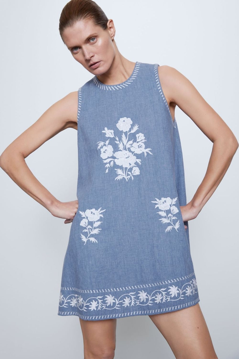 Zara Chambray Embroidered A-Line Swing Dress (S)