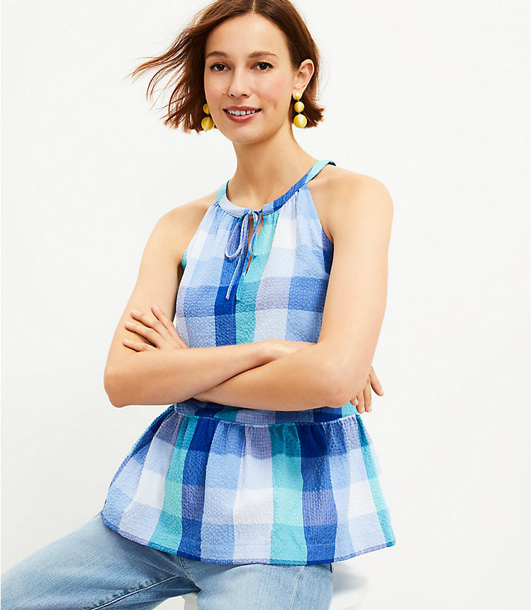 Loft Seaglass Plaid Keyhole Peplum Halter Tank Top (L)