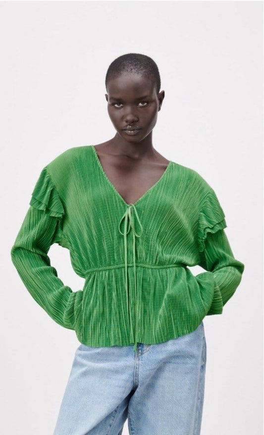 Zara Green Pleated Blouse (S) NWT