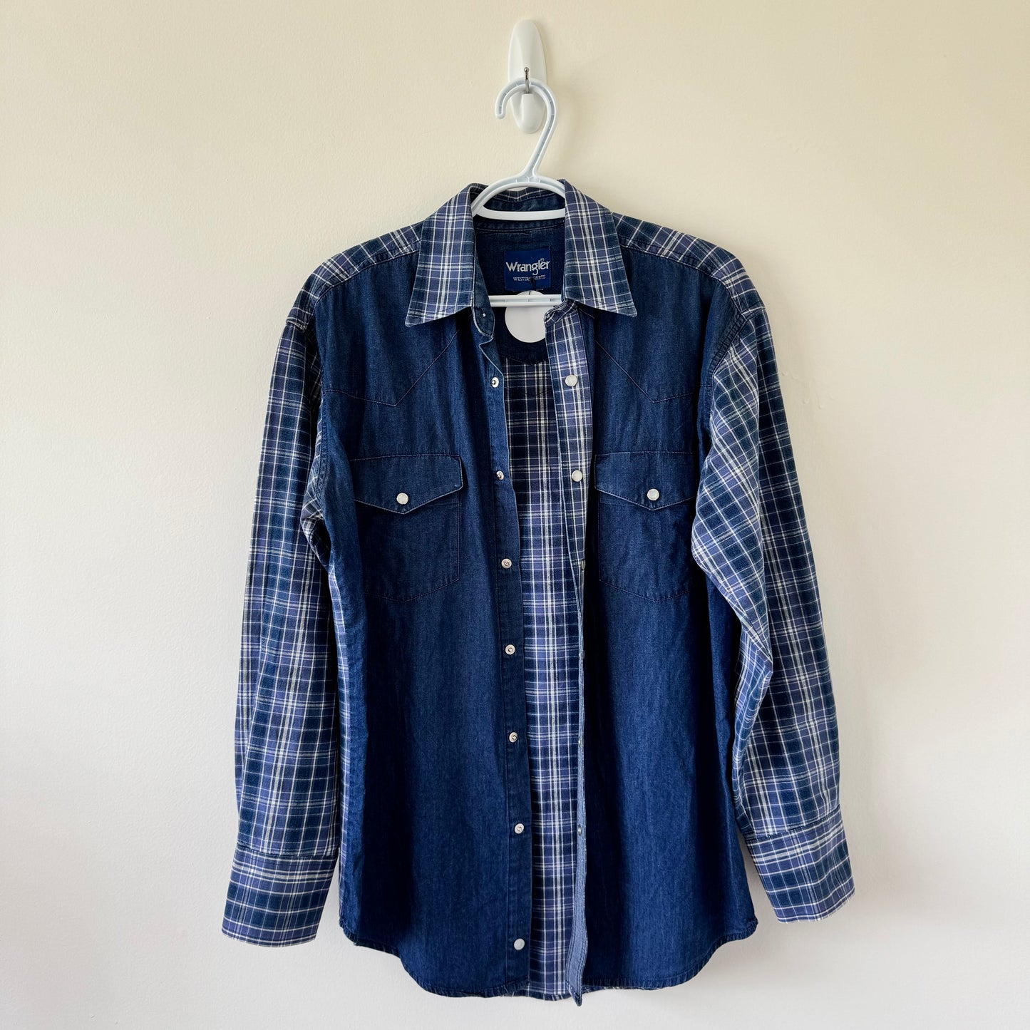 Wrangler Vintage Plaid Denim Oversized Button-Down Shirt (S)