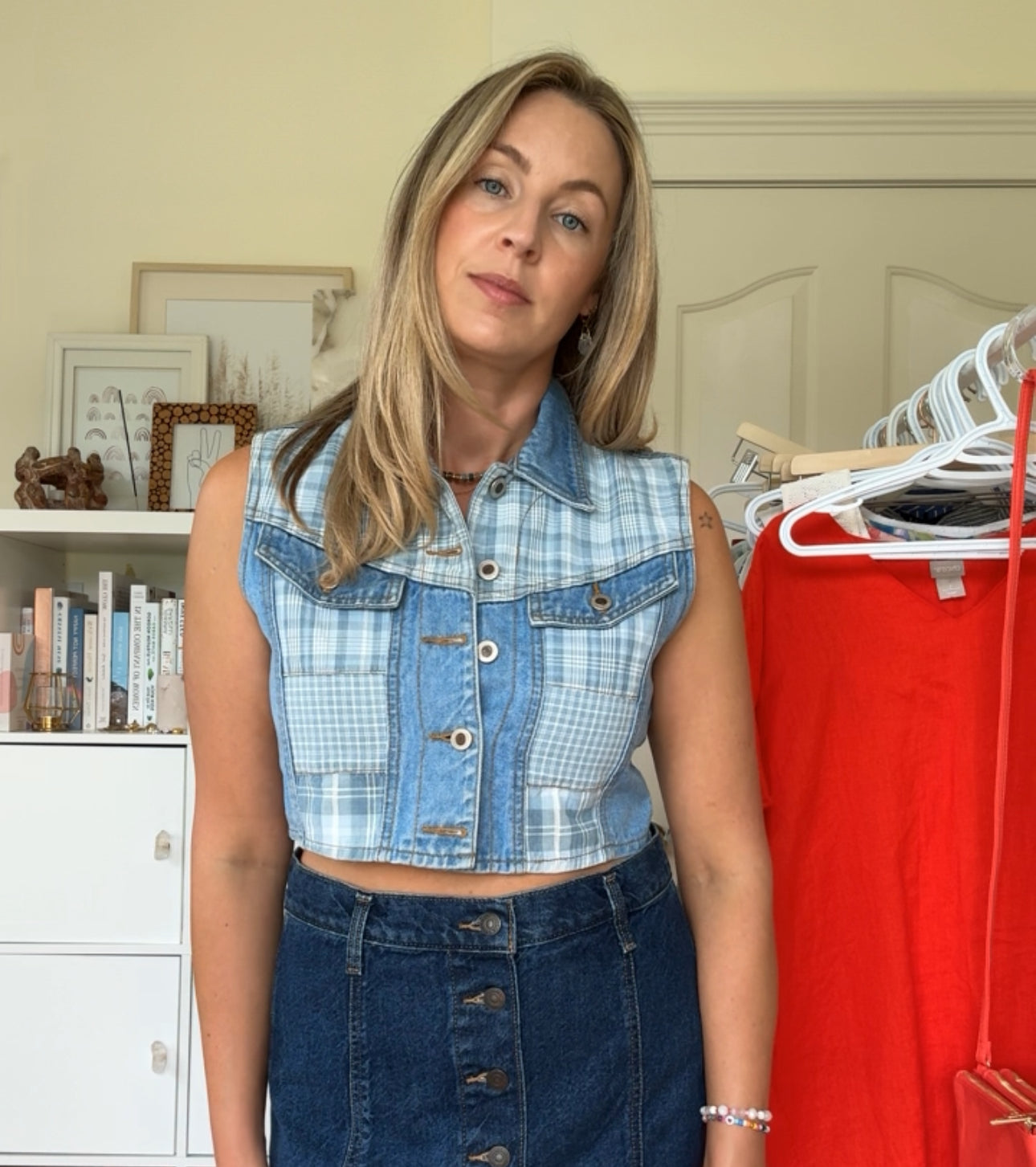 Plaid Cropped Denim Vest (S/M)