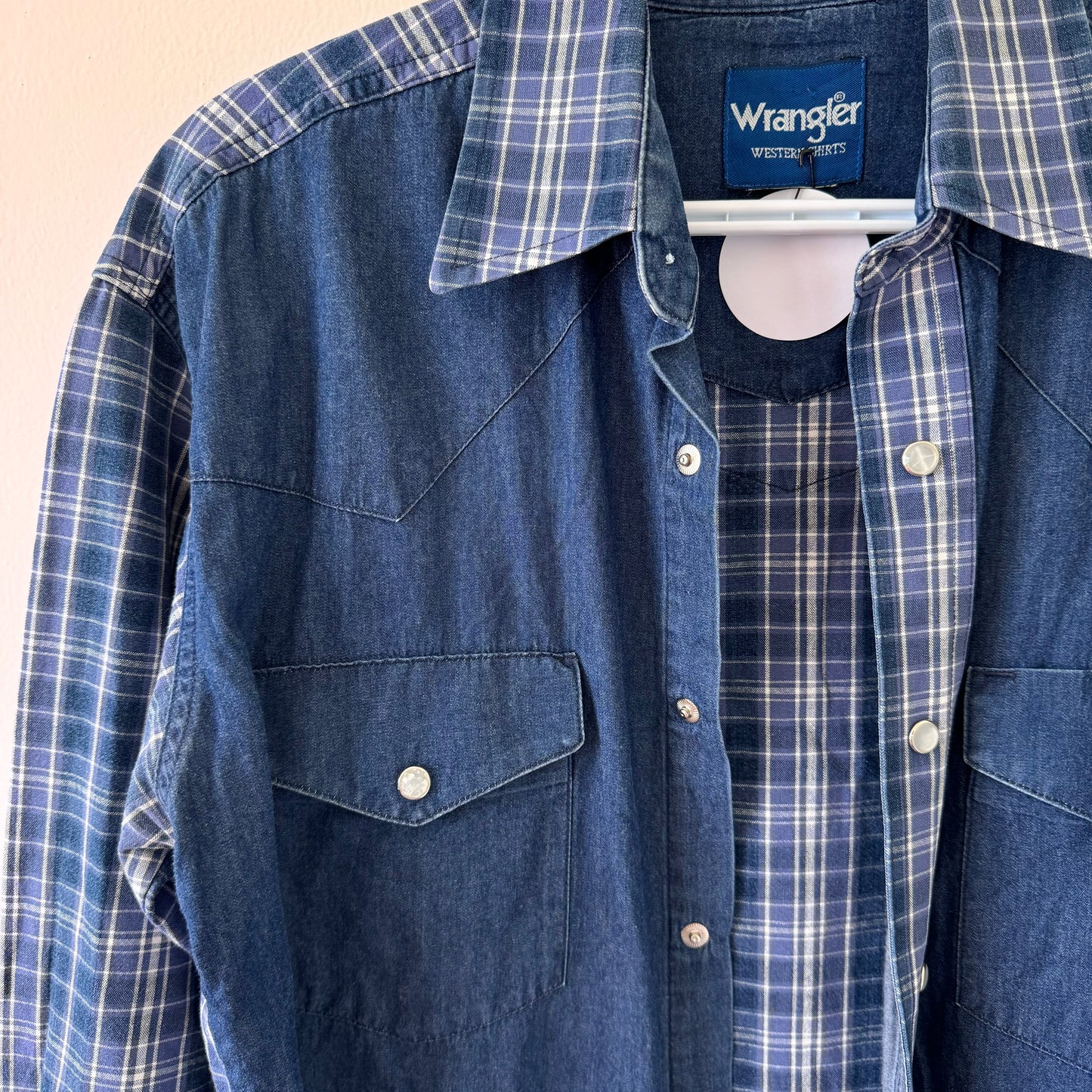 Wrangler Vintage Plaid Denim Oversized Button-Down Shirt (S)