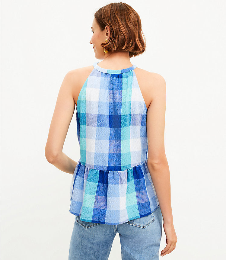 Loft Seaglass Plaid Keyhole Peplum Halter Tank Top (L)