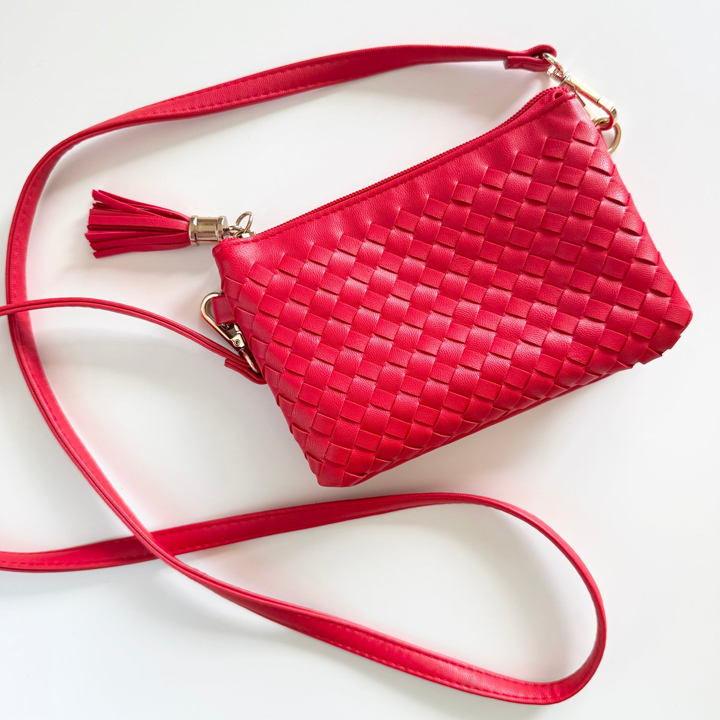 Red Woven Crossbody Bag with Tassel