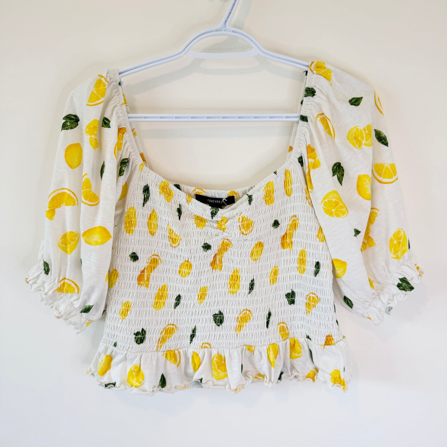 Lemon-Print Puff Sleeve Ruched Peplum Top (M)