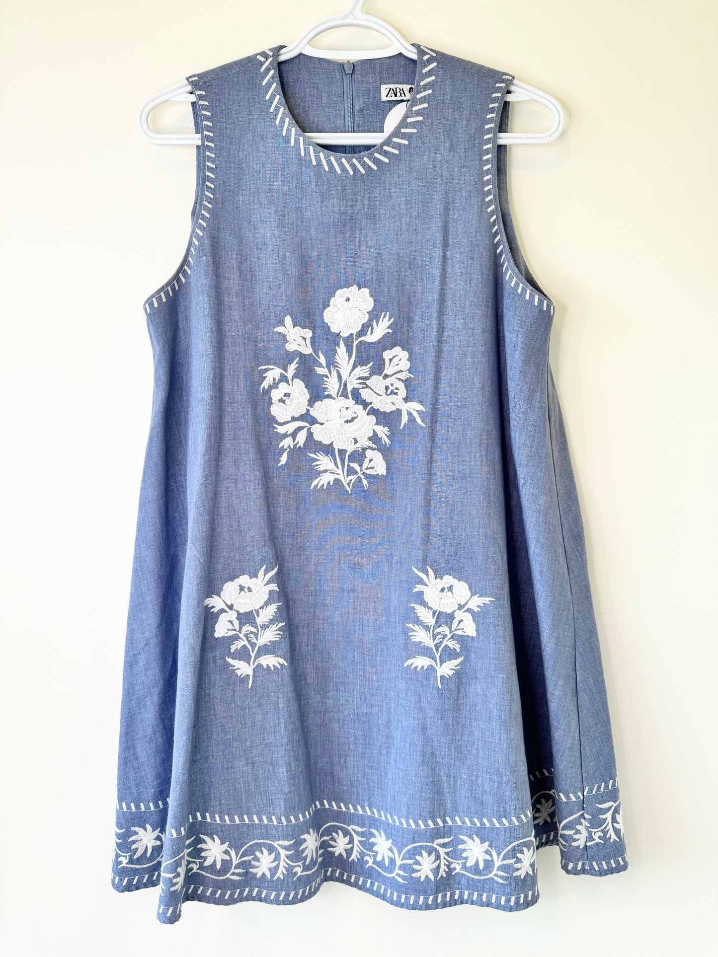 Zara Chambray Embroidered A-Line Swing Dress (S)