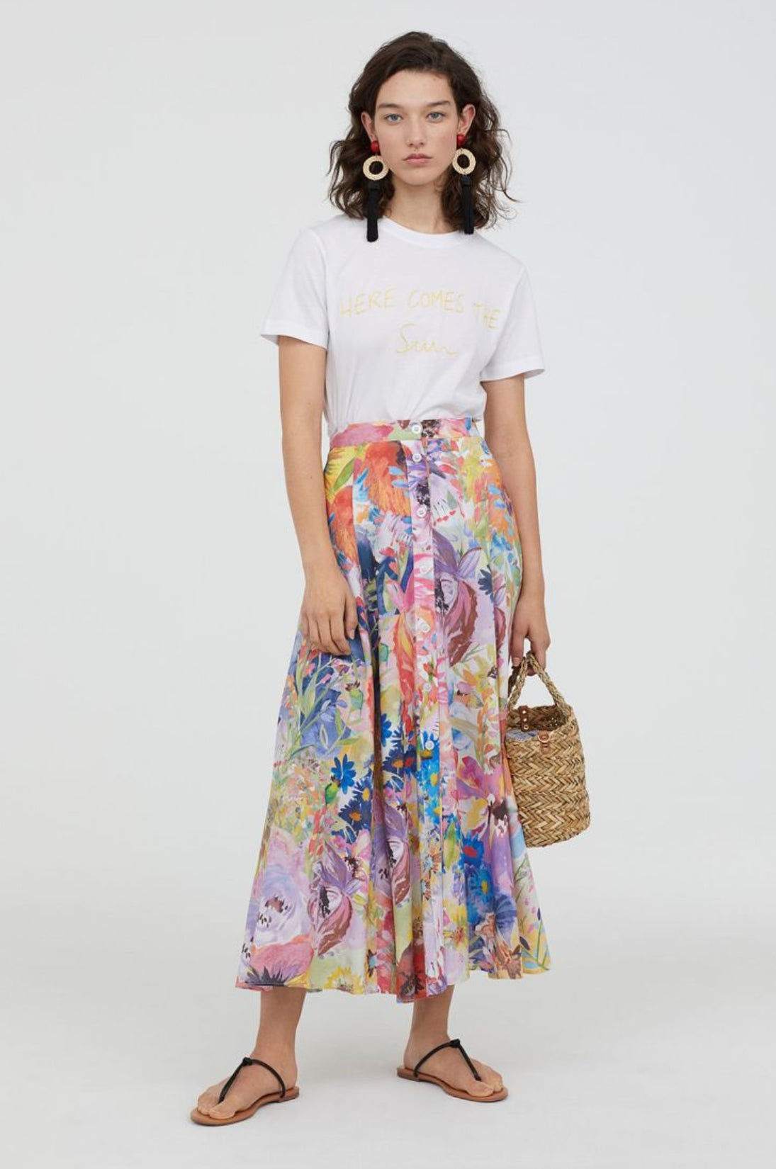 H&M Floral Button Front Midi Circle Skirt (S/M)