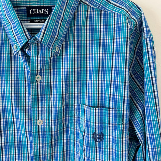 Chaps Blue + Teal Plaid Oversized Button-Down Shirt (XXL)