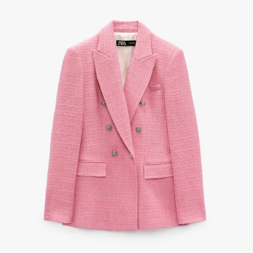 Zara Pink Double Breasted Textured Weave Blazer (M)