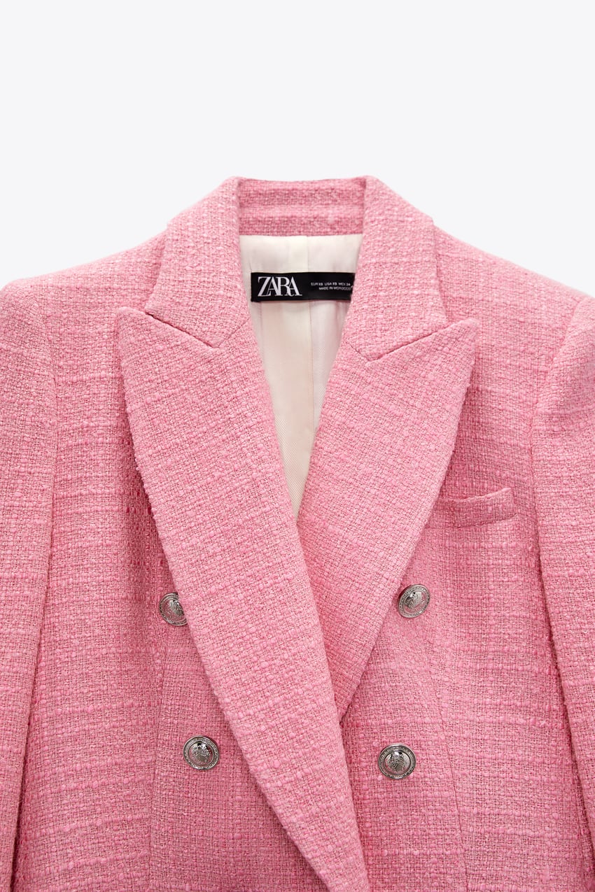 Zara Pink Double Breasted Textured Weave Blazer (M)