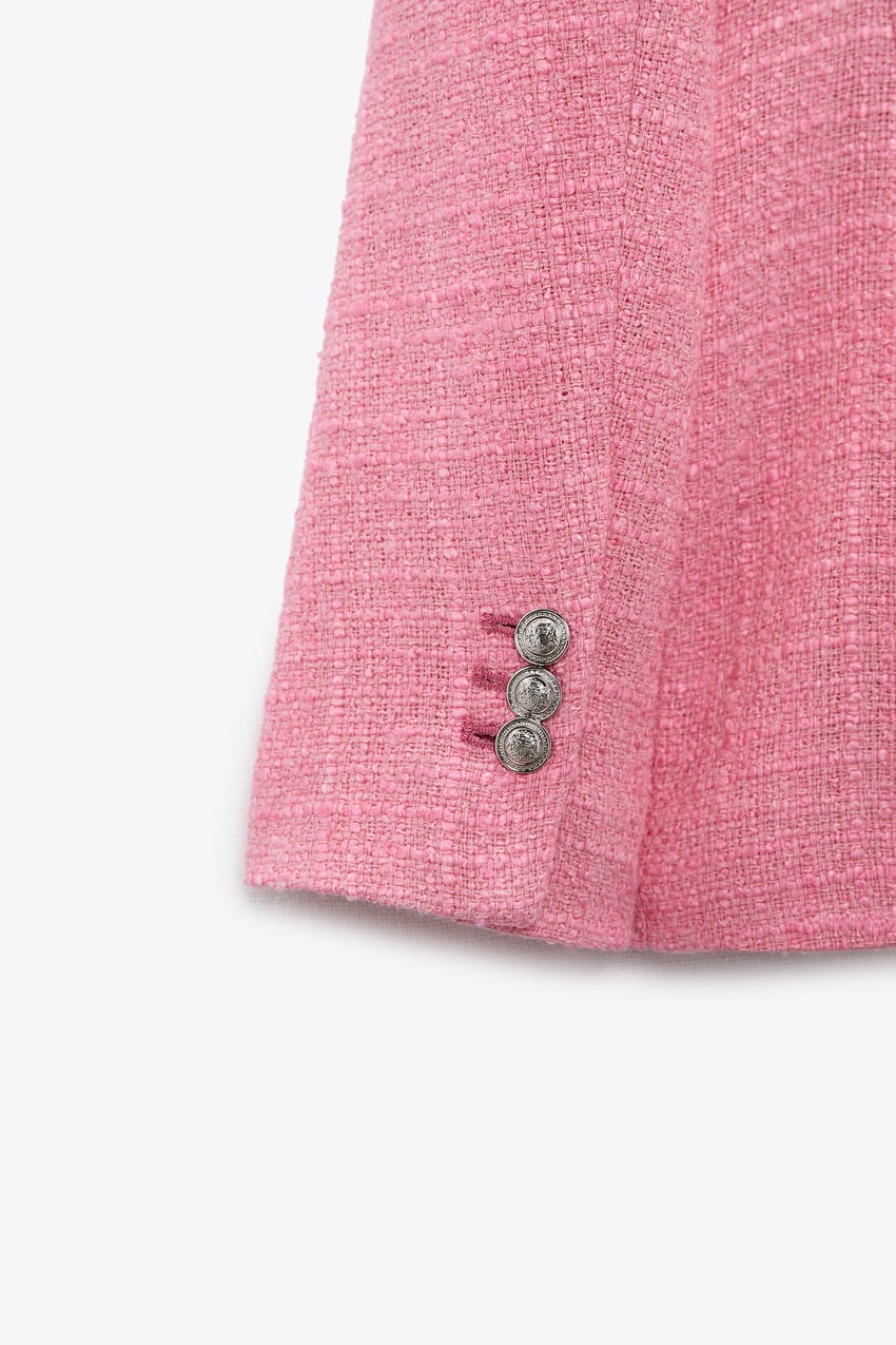 Zara Pink Double Breasted Textured Weave Blazer (M)