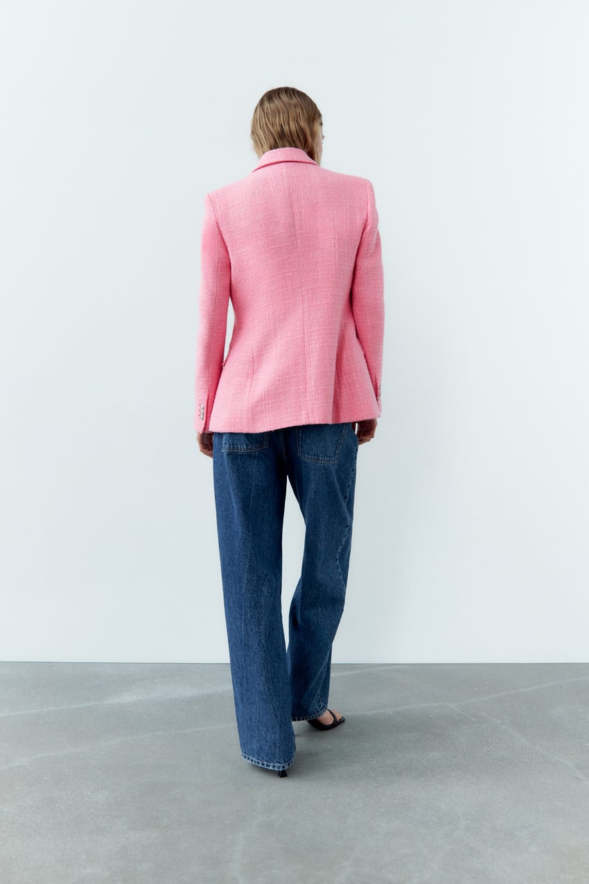 Zara Pink Double Breasted Textured Weave Blazer (M)