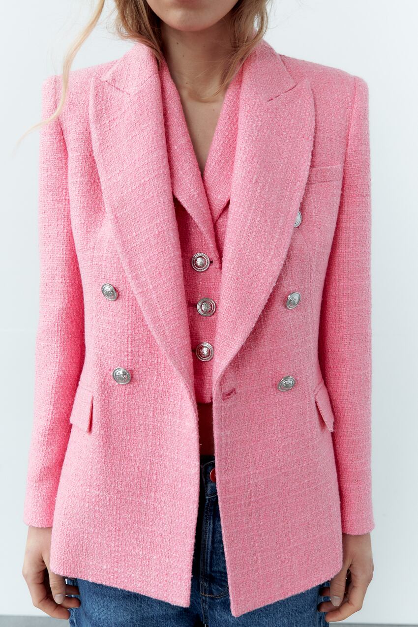 Ladies Blazer Buttoned Textured Weave Blazer Zara Pink Textured